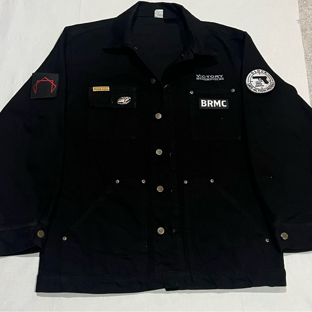 Vintage Victory Motorcycles heavy black denim biker jacket with moto patches